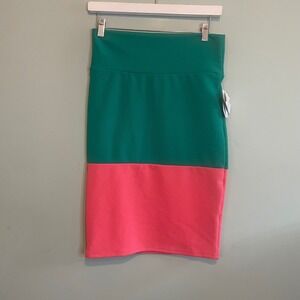 NWT LulaRoe Women Office Preppy Stretch Colorblock Pencil Skirt Green Pink Small